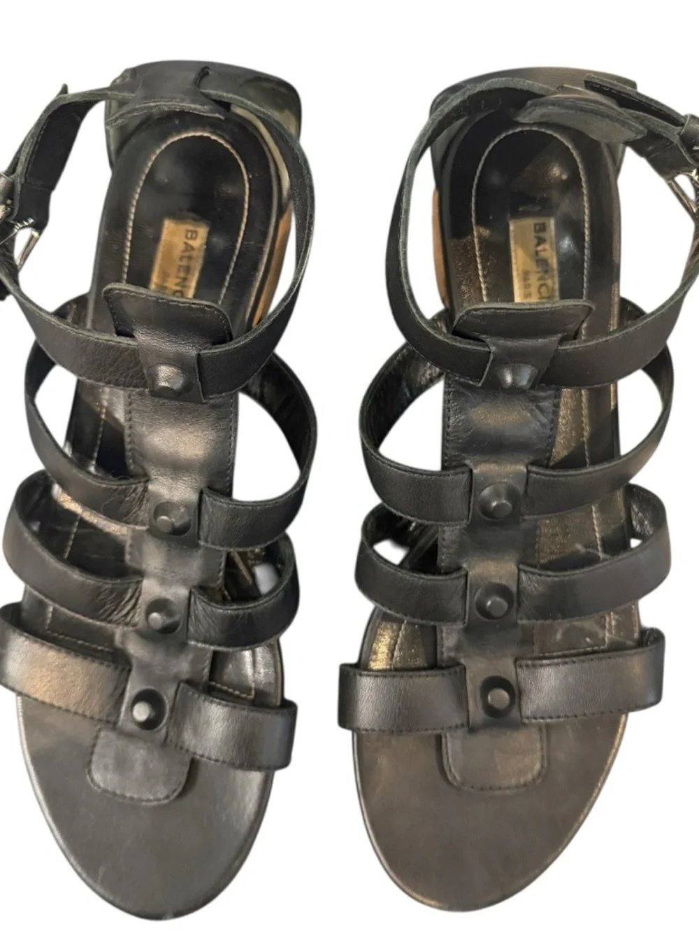 Balenciaga Arena Black Leather Gladiator Studded Multi-Strap Ankle  Sandals - Picture 9 of 15